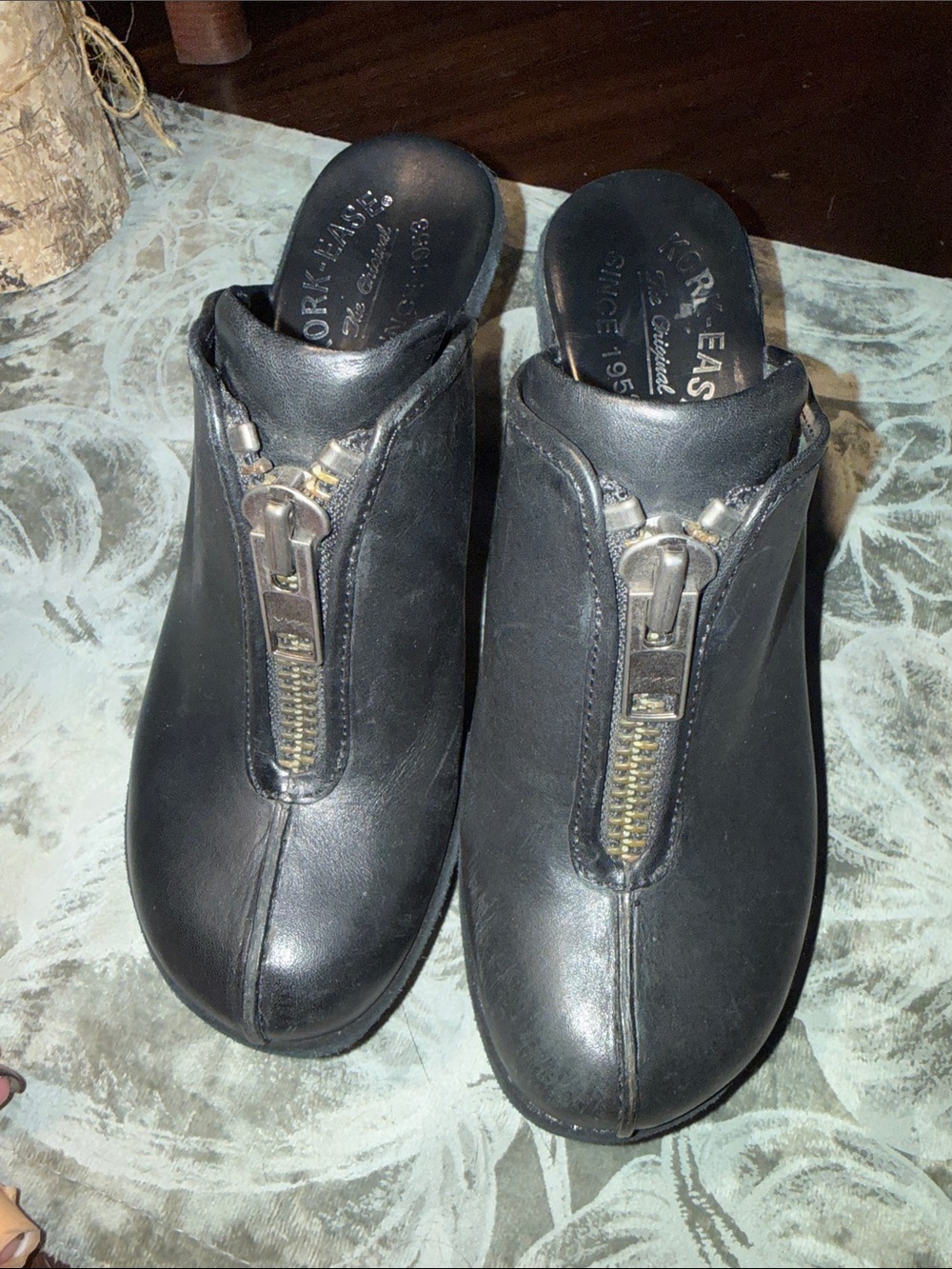 Kork-Ease Black Leather Zip-Front Women's Clogs size 7
